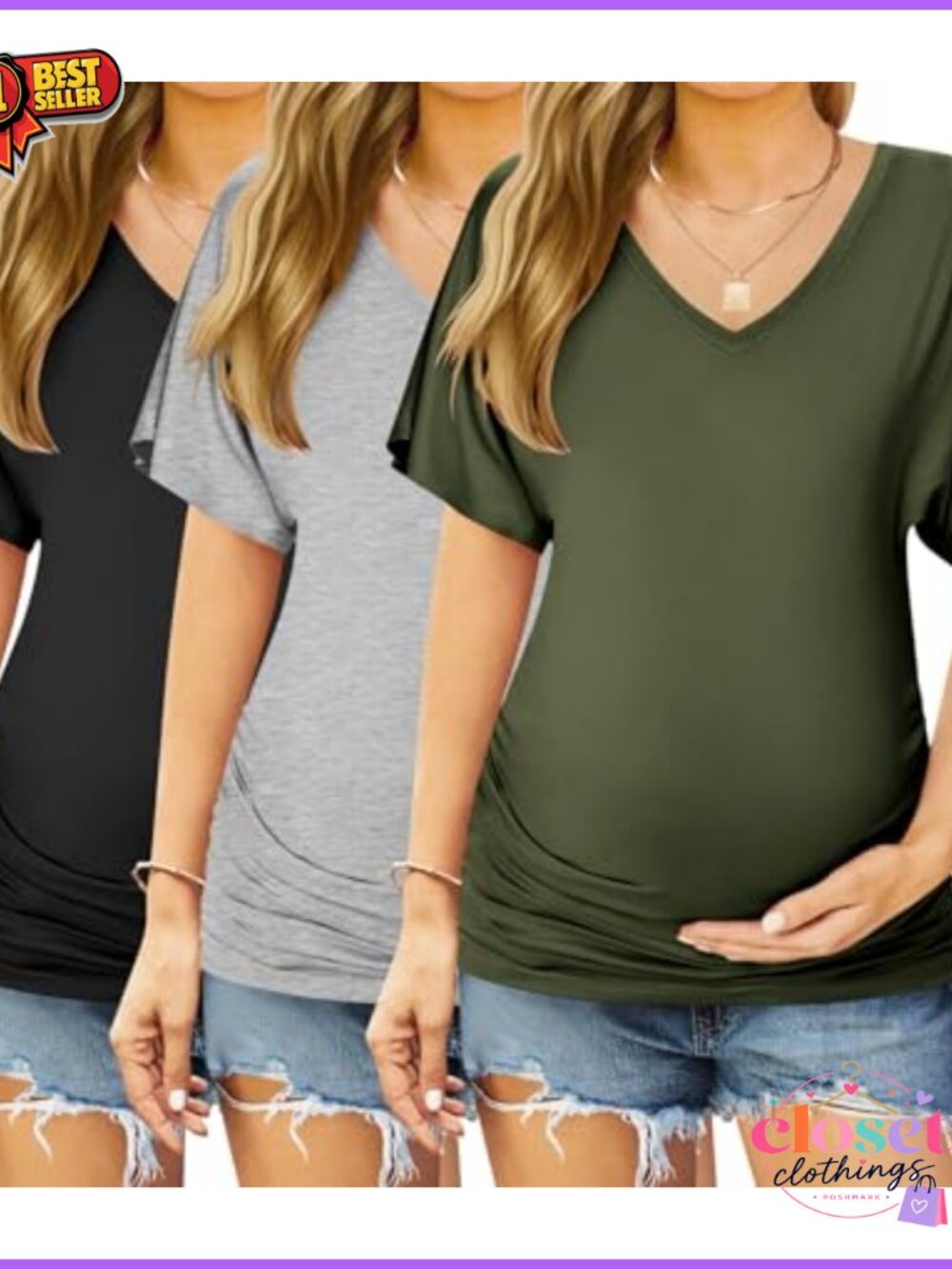 Ekouaer Maternity Tops V Neck Ruched Short Sleeve Pregnancy Tunic Tees 3 Pack